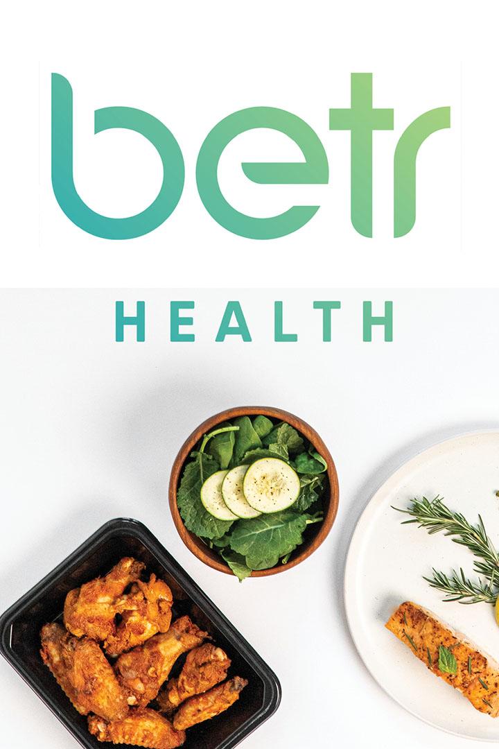 Betr Health logo with a bowl of salad and other food items